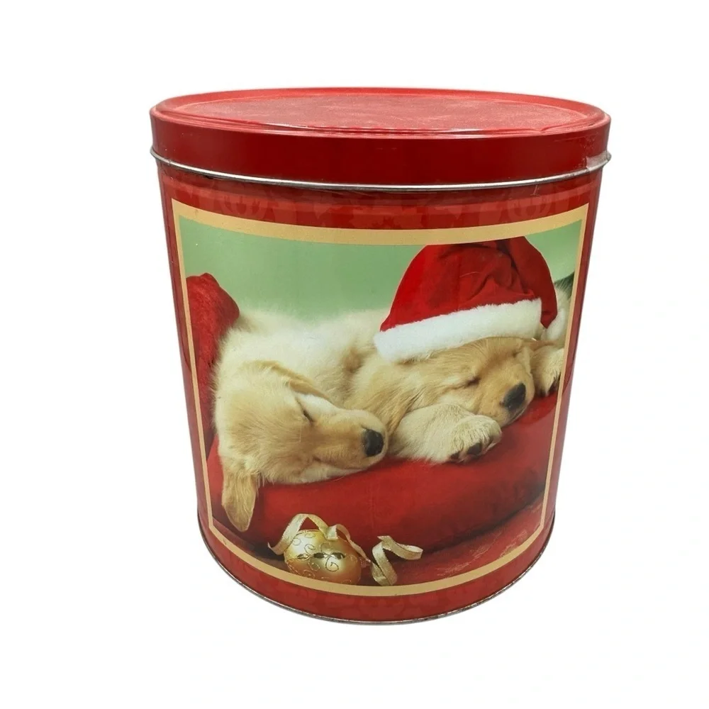 Christmas tin container holiday puppy tin storage decor gift box dog print